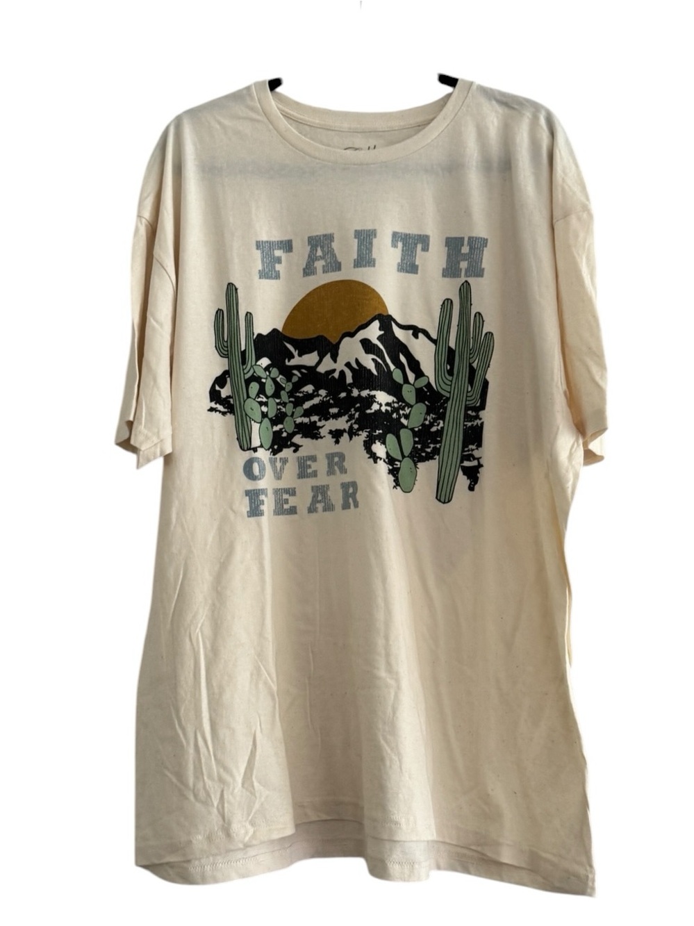 Cold Crush Faith Over Fear Desert Tee - Cream & Green 2X
